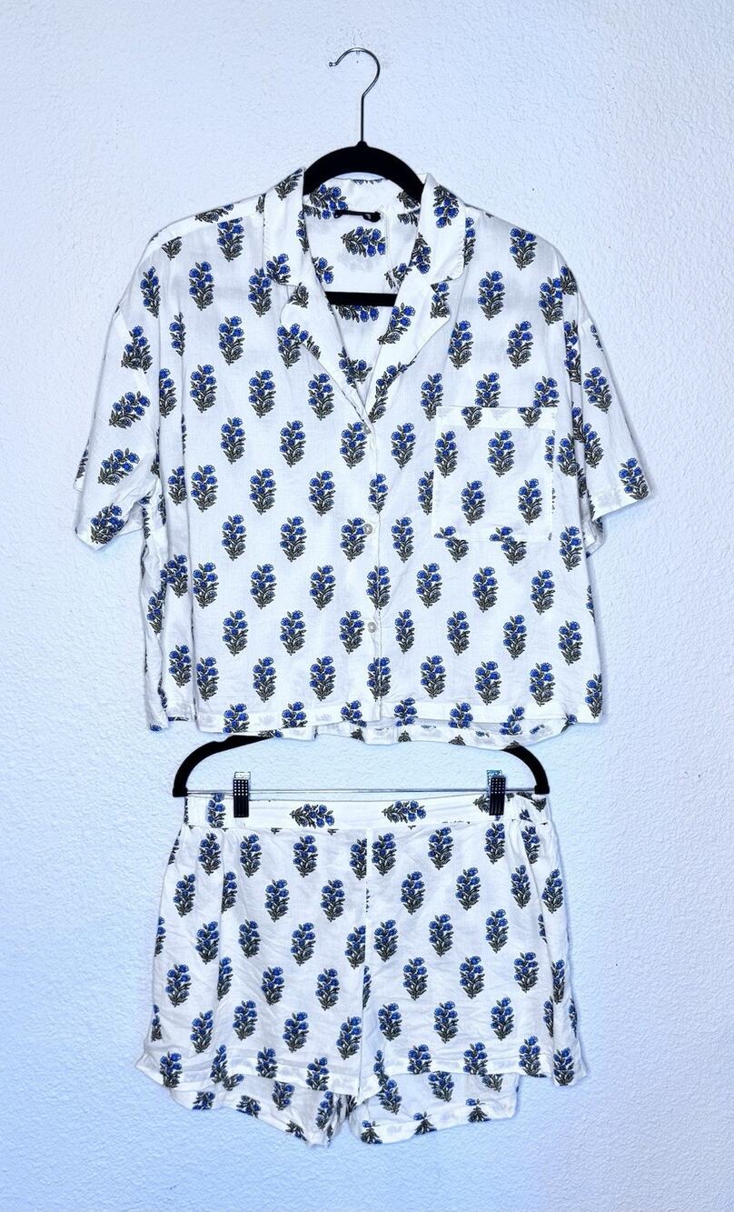 Monoprix Femme Pajama Set Women’s SZ L Blue Floral Block Print 100% Cotton